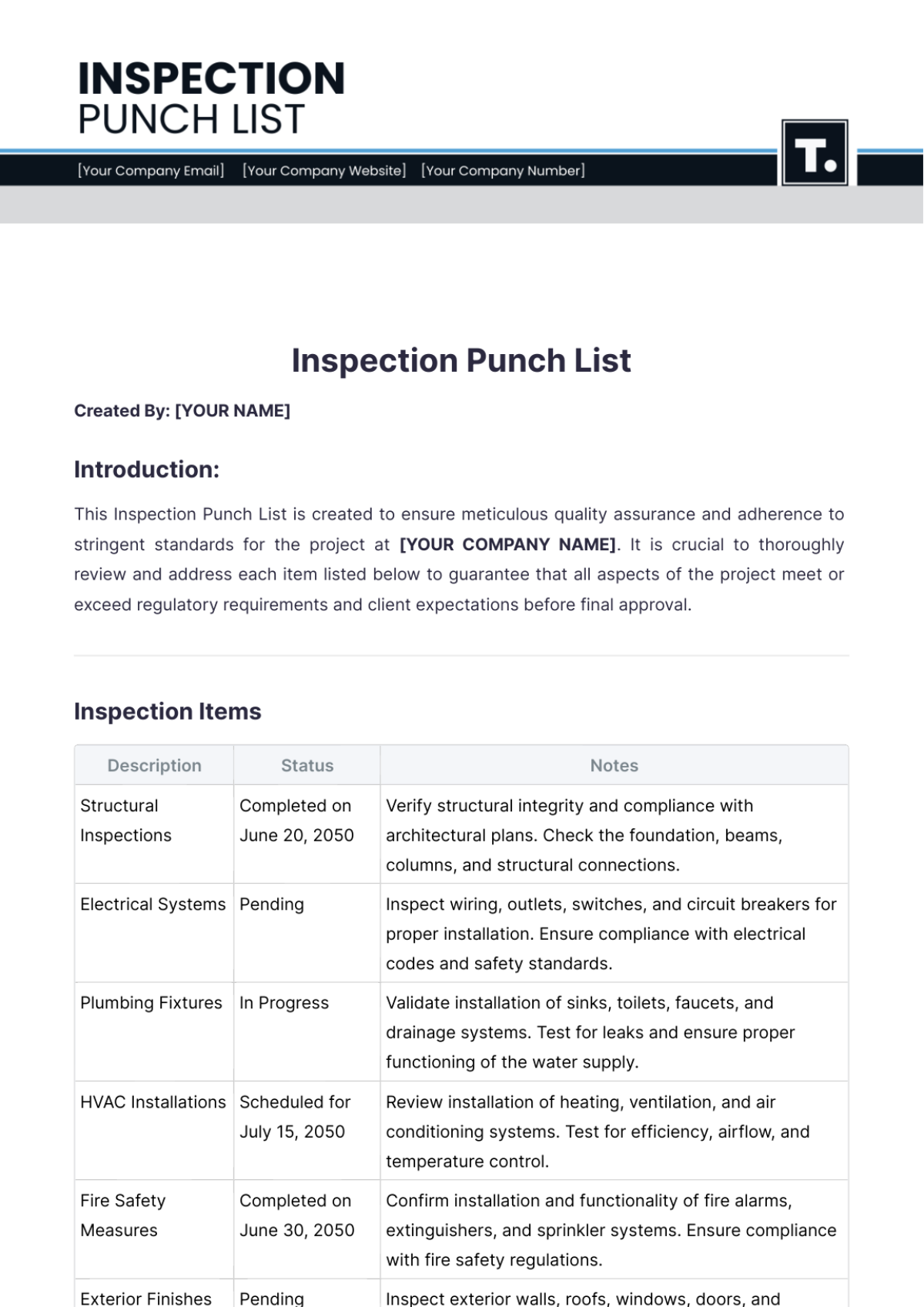 Inspection Punch List Template