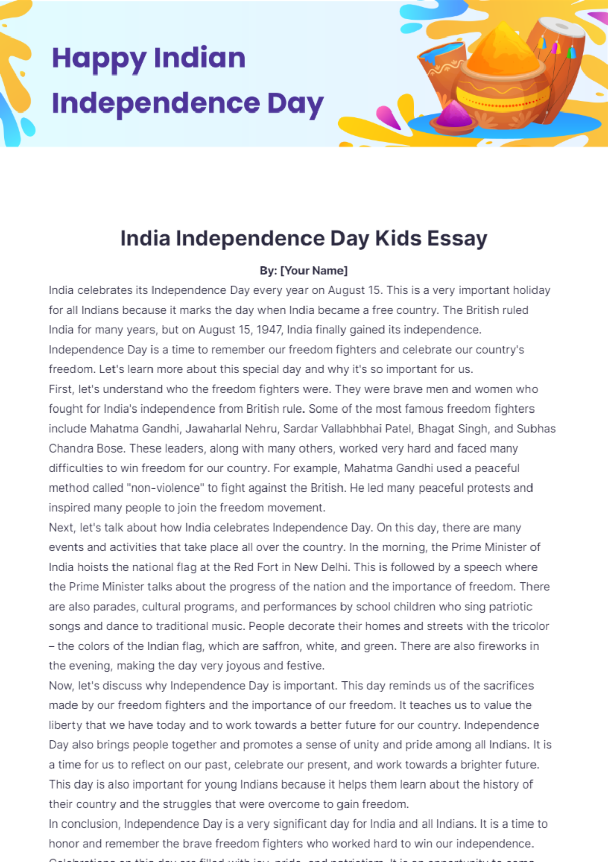 India Independence Day Kids Essay Template