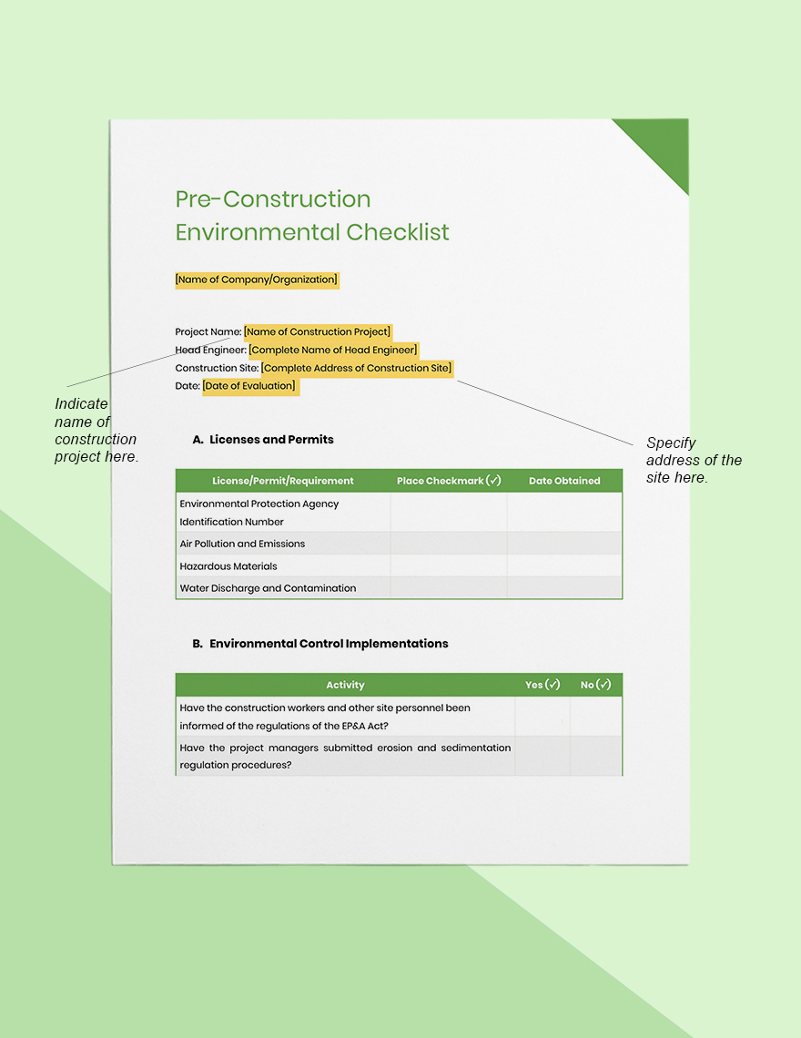 Pre-Construction Environmental Checklist Template