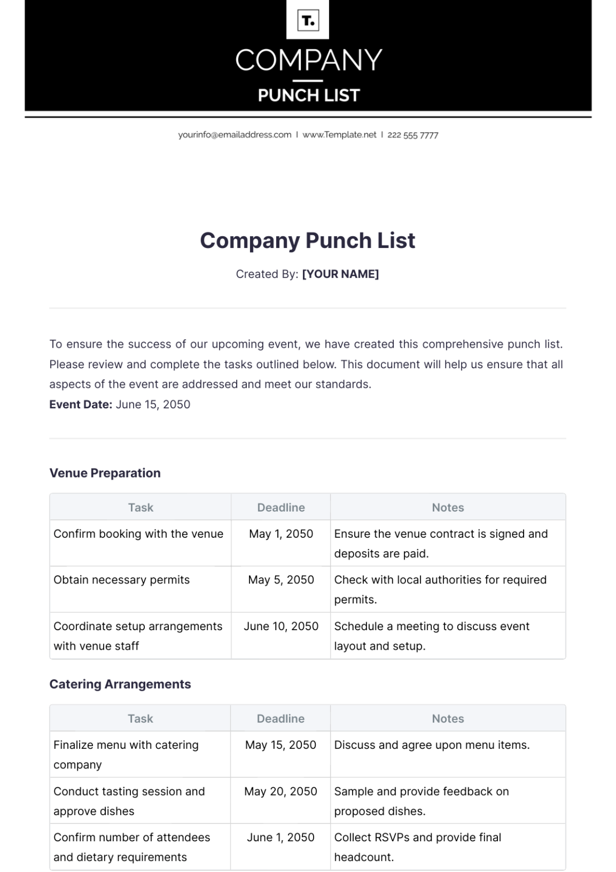 Company Punch List Template