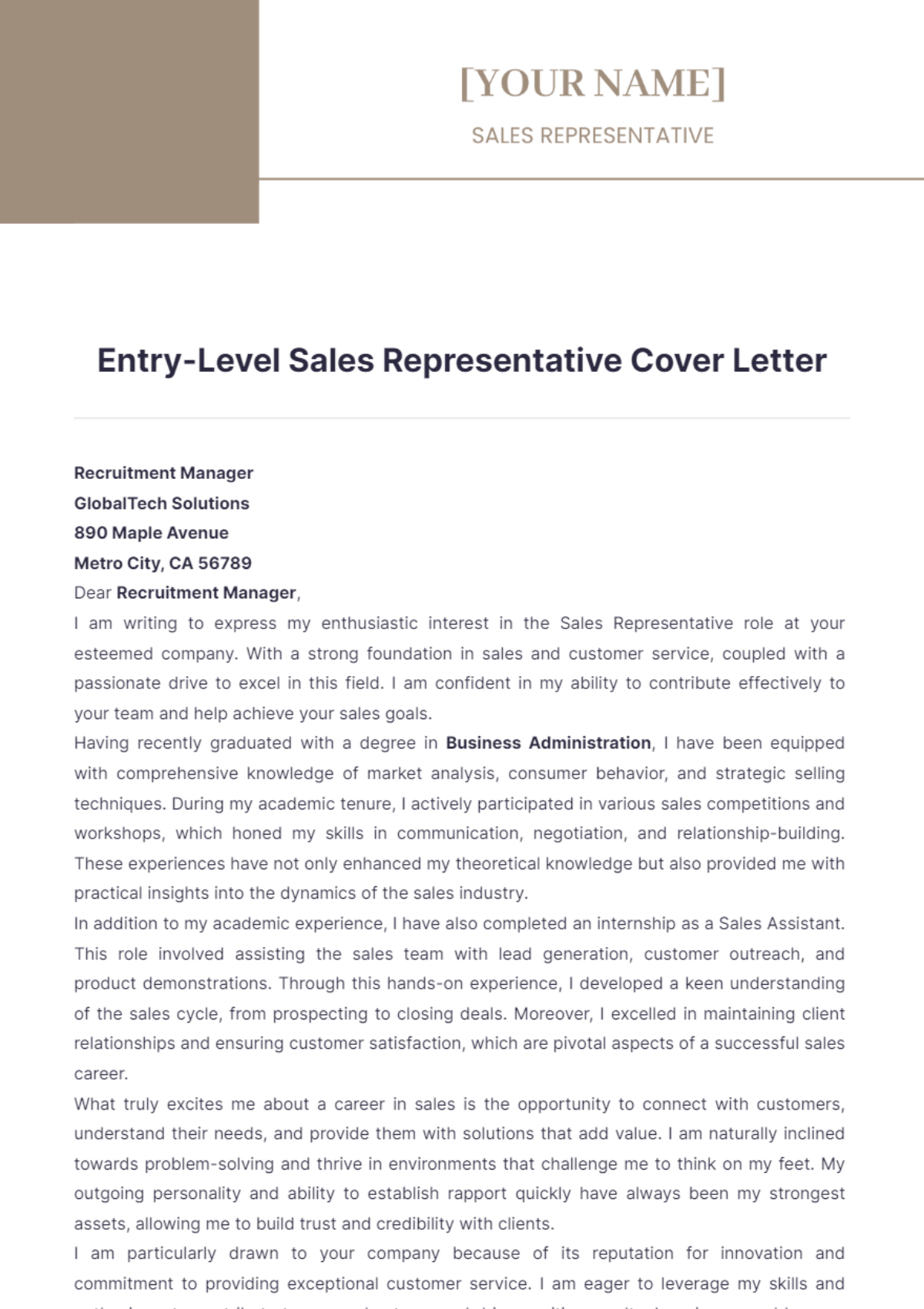 Entry-Level Sales Representative Cover Letter - Edit Online & Download