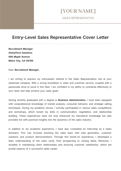 Free Entry-Level Sales Representative Cover Letter to Edit Online