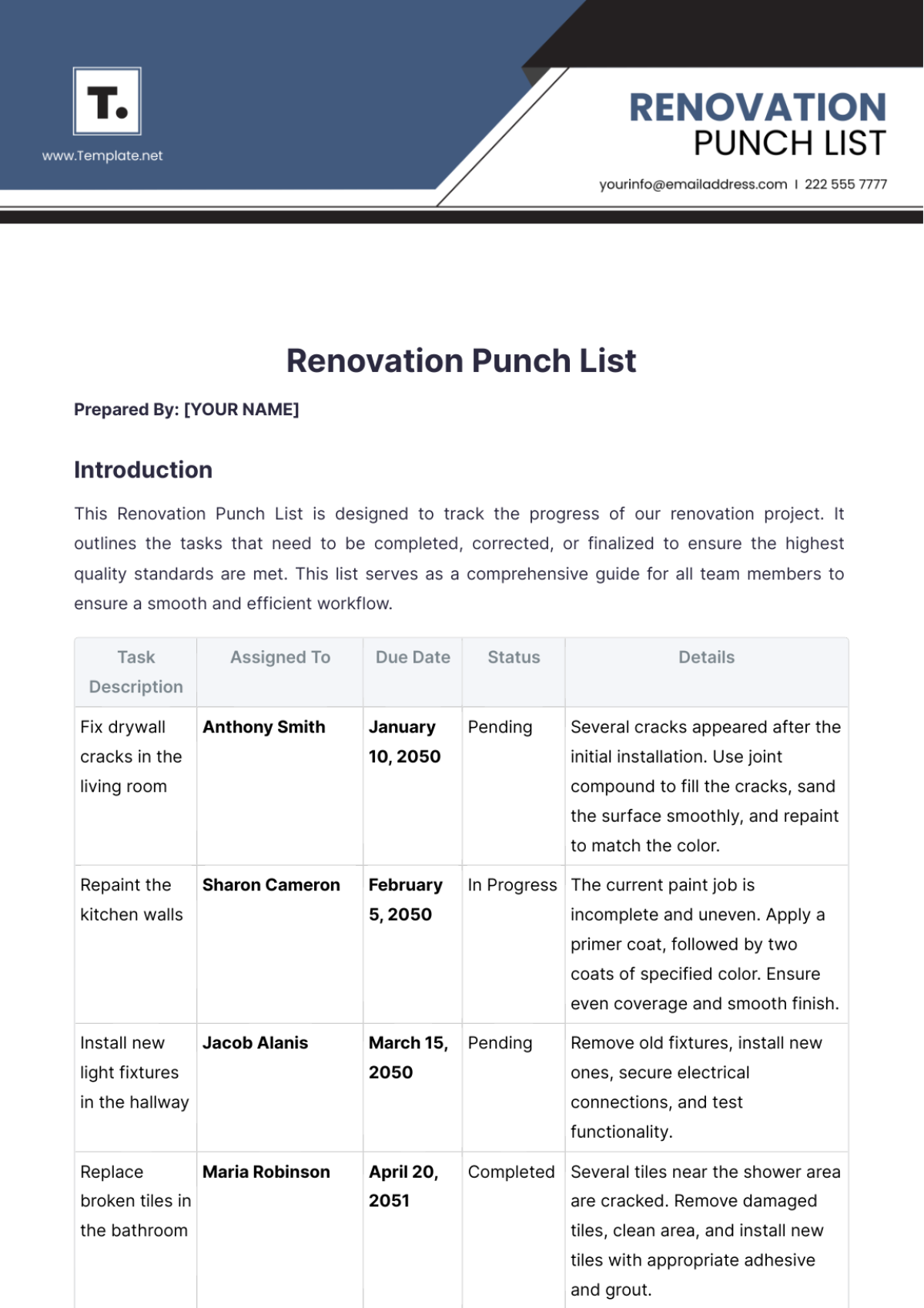 Renovation Punch List Template - Edit Online & Download