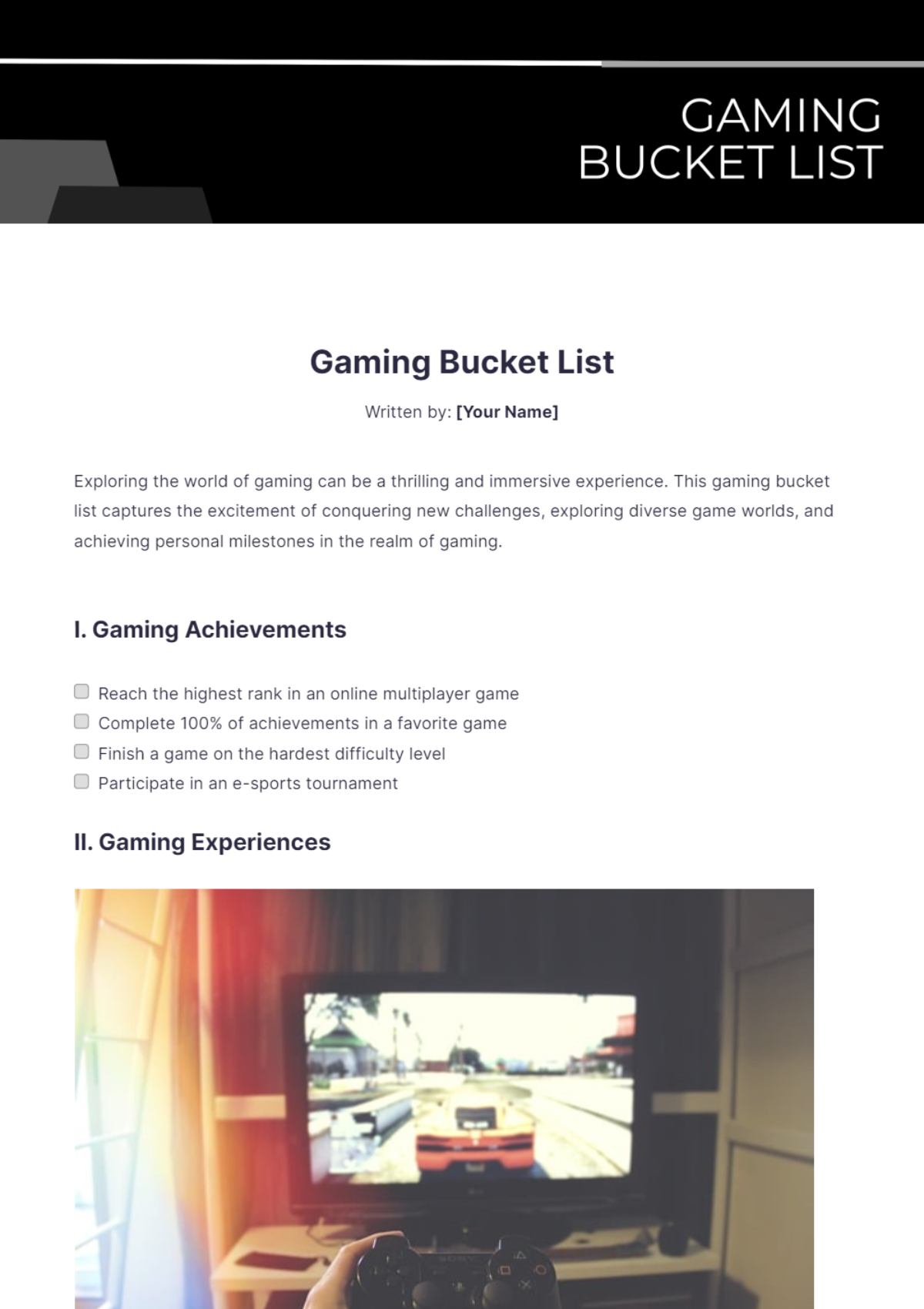 Gaming Bucket List Template