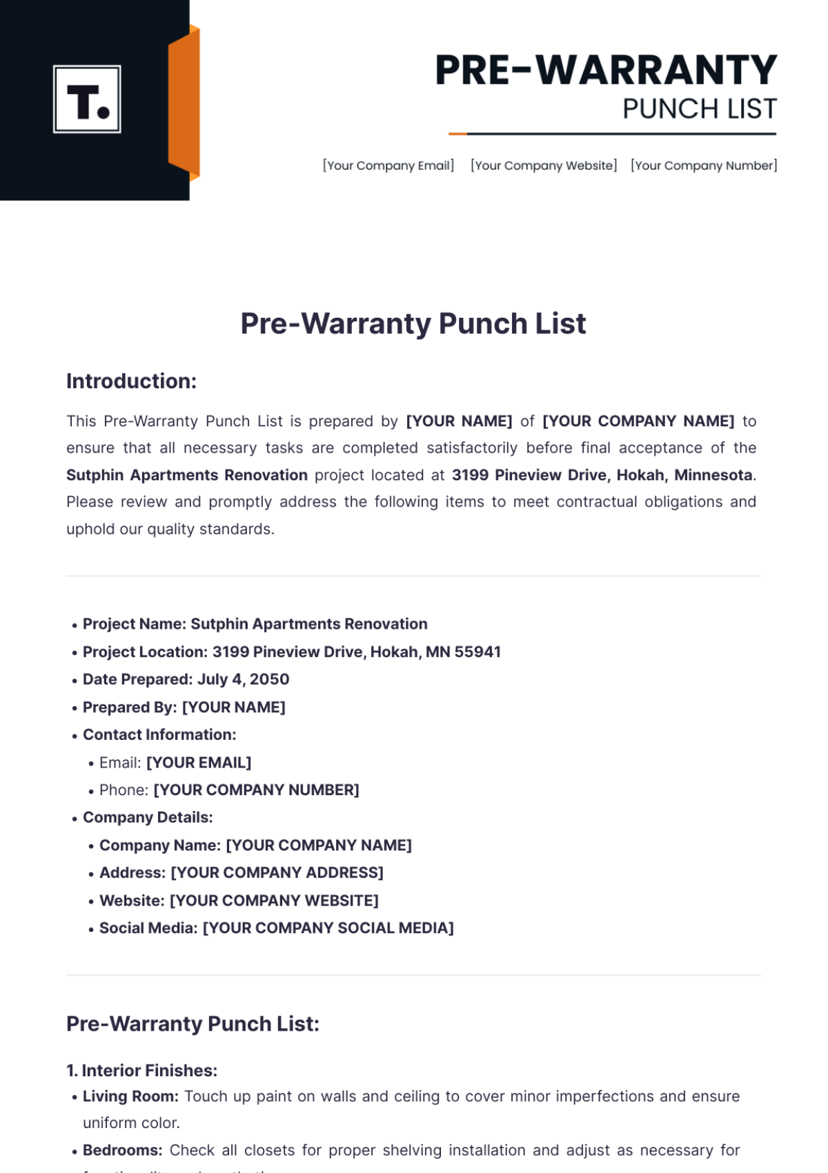 Pre-Warranty Punch List Template - Edit Online & Download