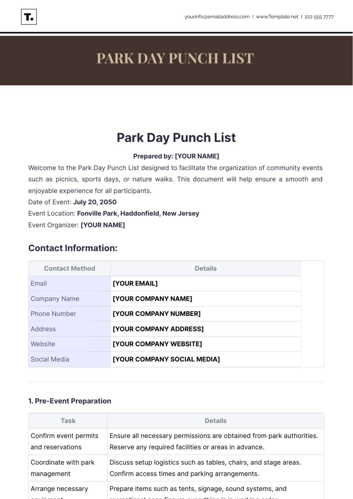 Park Day Punch List Template - Edit Online & Download