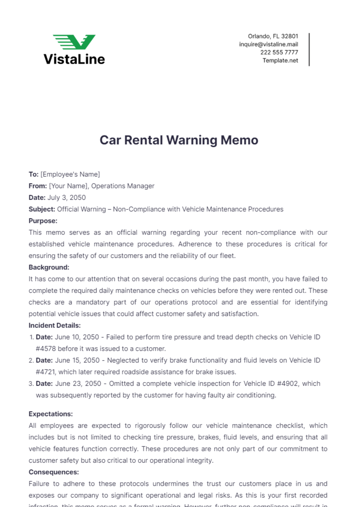 Car Rental Warning Memo Template - Edit Online & Download