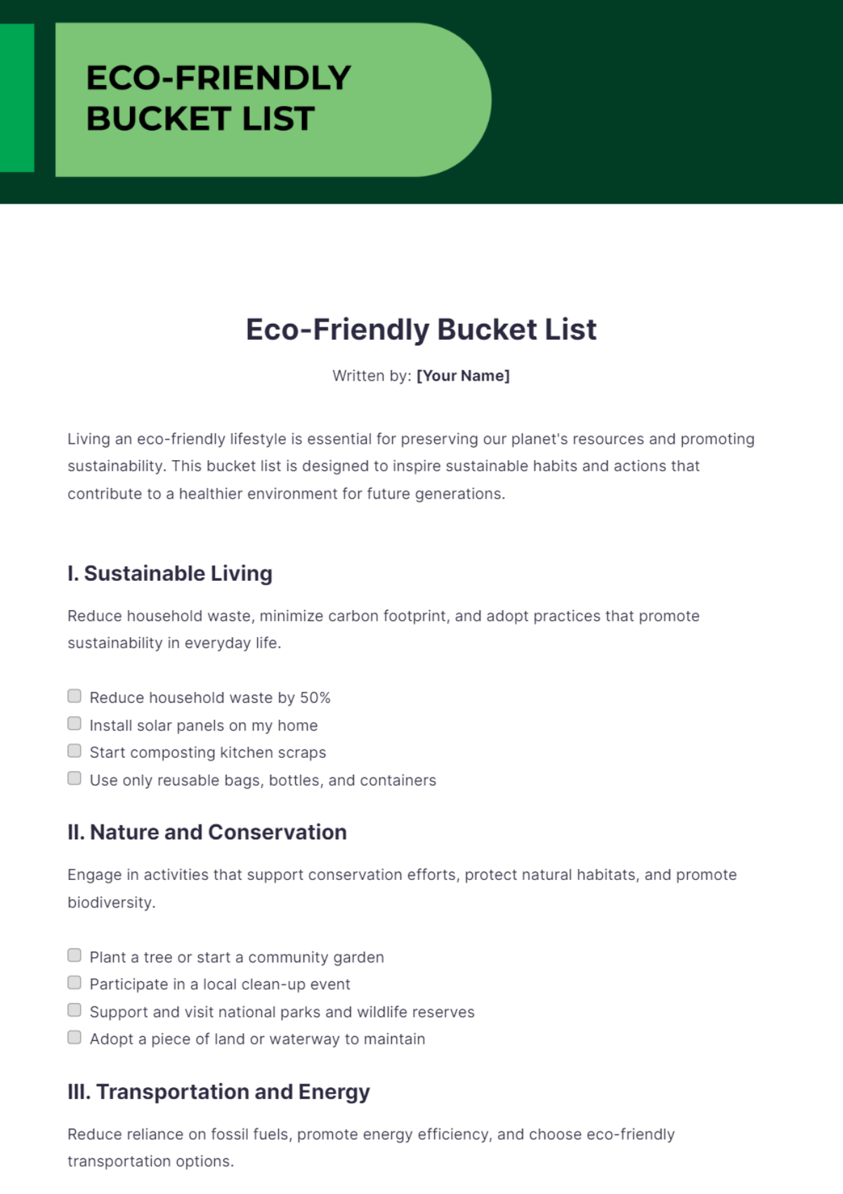 Eco-Friendly Bucket List Template - Edit Online & Download