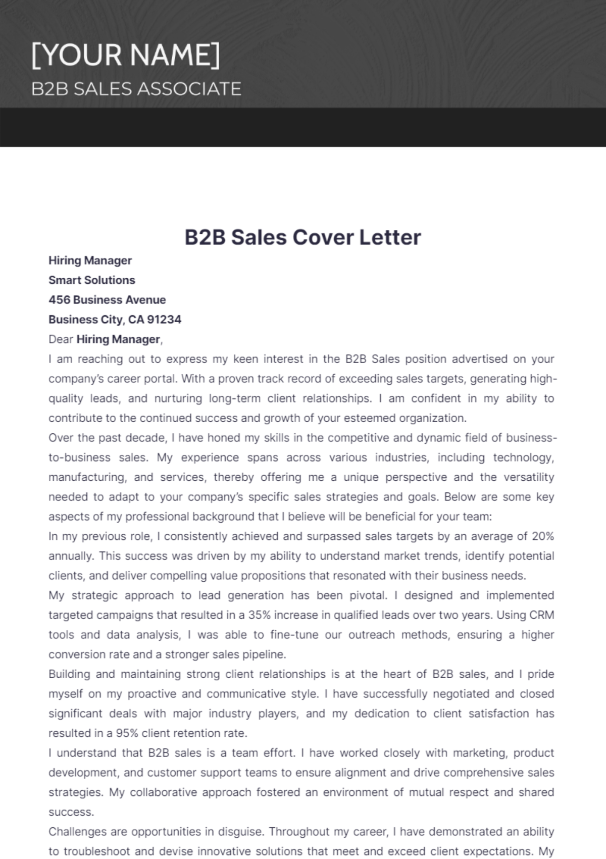 cover letter b2b sales