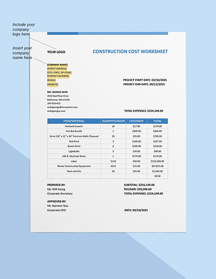 Construction Cost Worksheet Format