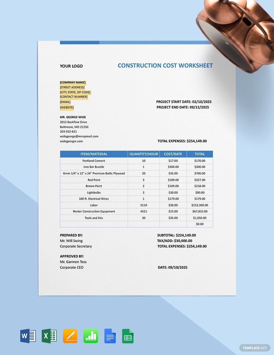 Construction Cost Worksheet Template