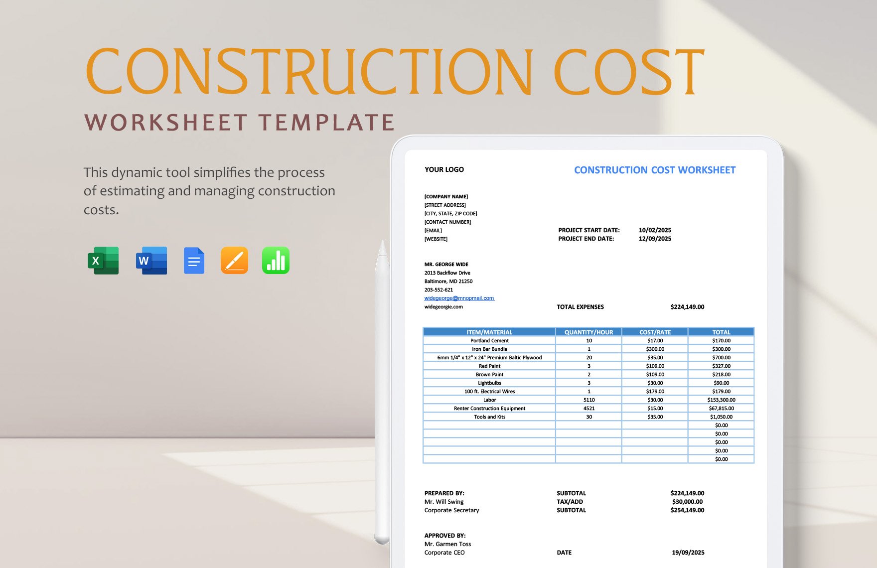 Construction Cost Worksheet Template in Word, Google Docs, Excel, Apple Pages, Apple Numbers