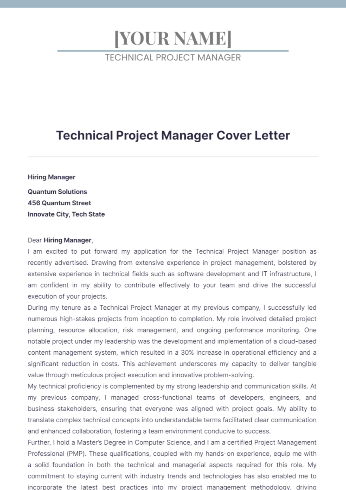 Technical Project Manager Cover Letter