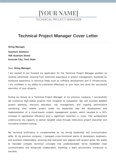 Free Technical Project Manager Cover Letter to Edit Online