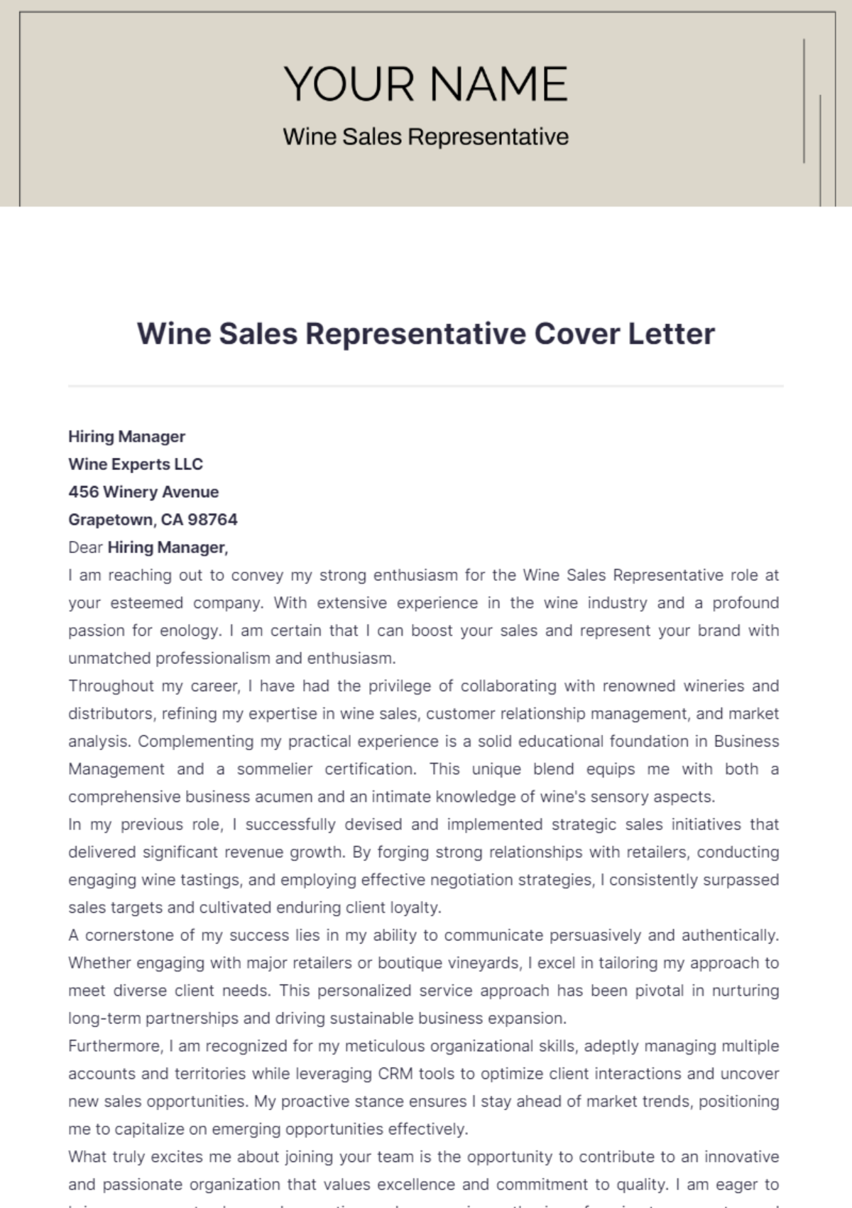 Wine Sales Representative Cover Letter - Edit Online & Download