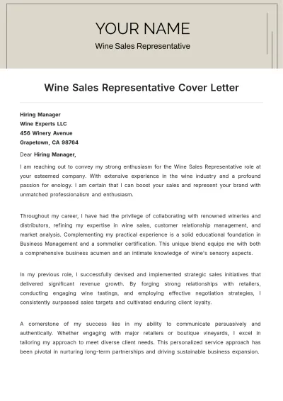 Free Wine Sales Representative Cover Letter to Edit Online