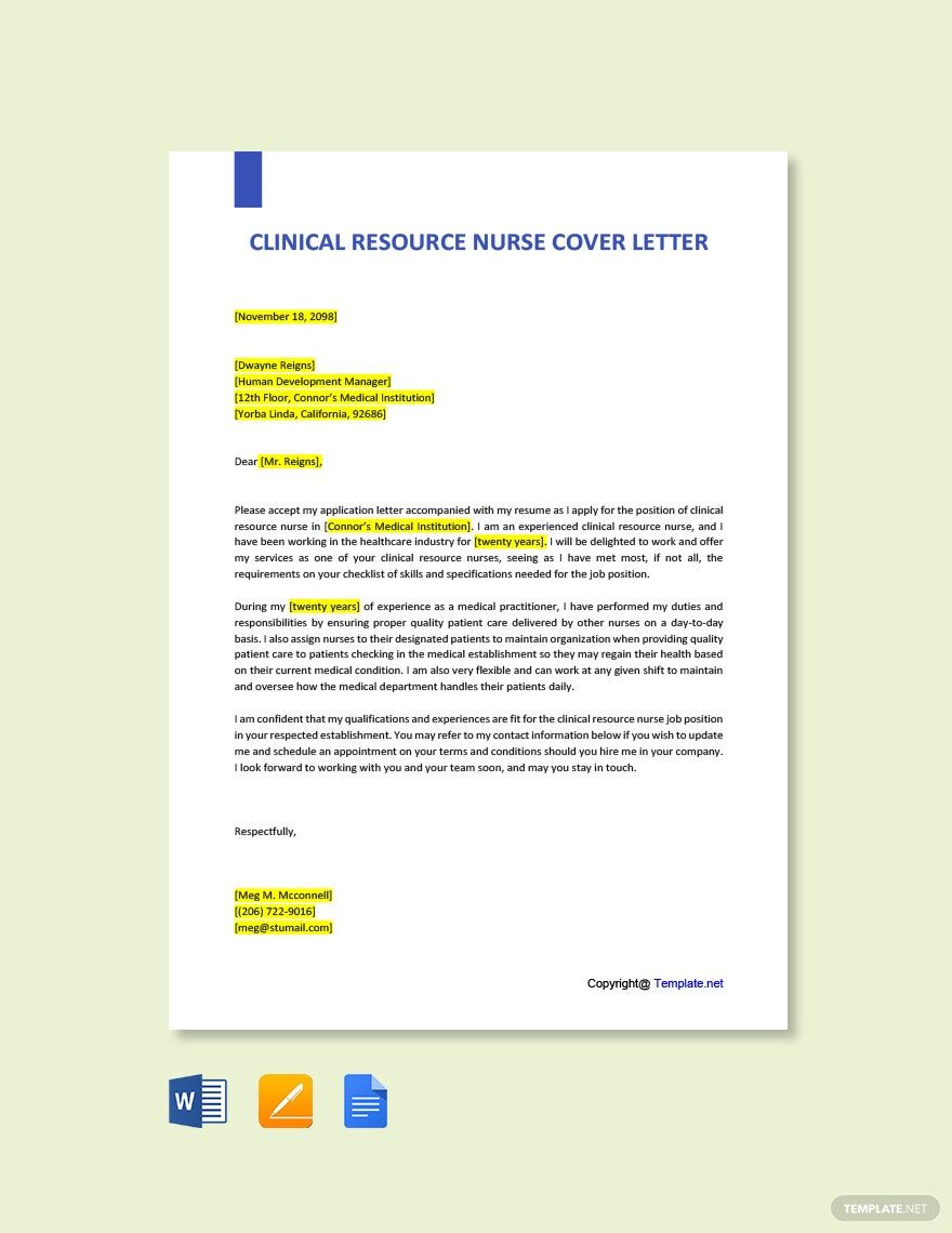 Clinical Resource Nurse Cover Letter Template in Word, Google Docs, PDF, Apple Pages