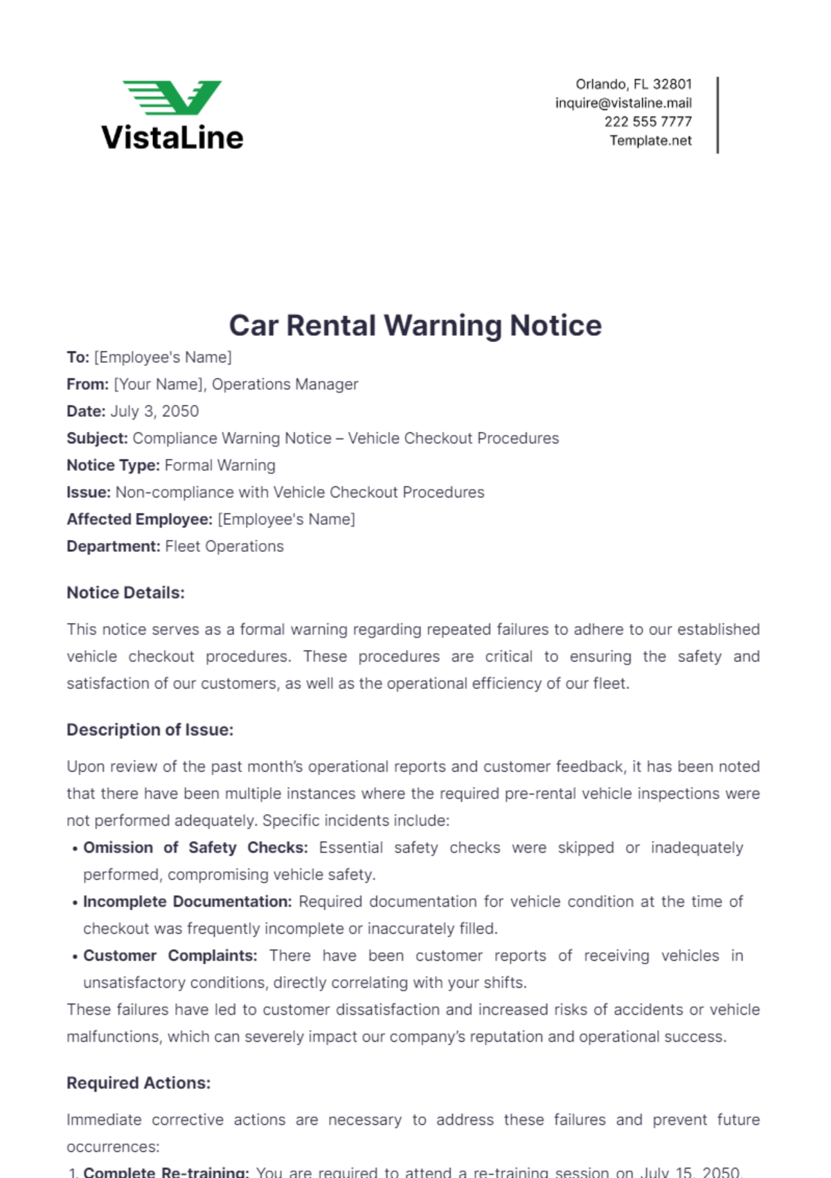 Car Rental Warning Notice Template