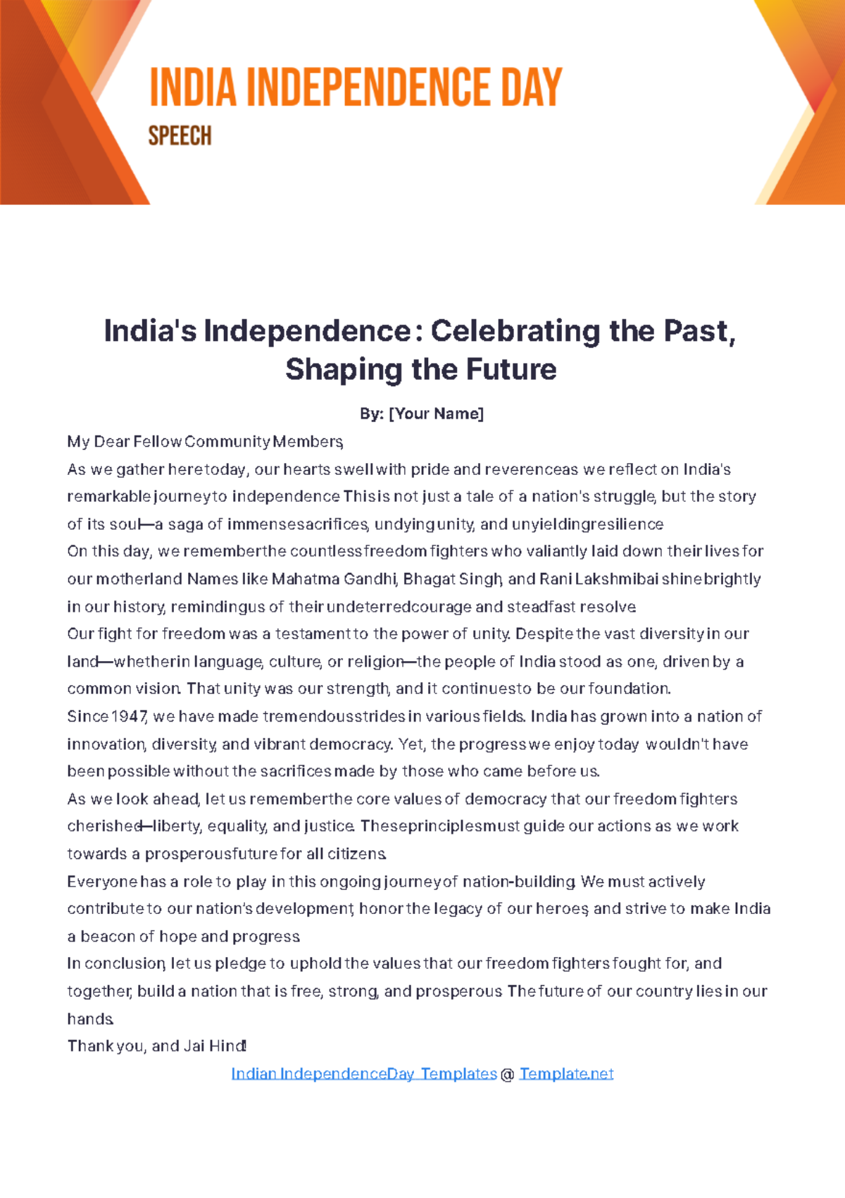 India Independence Day Speech Template - Edit Online & Download