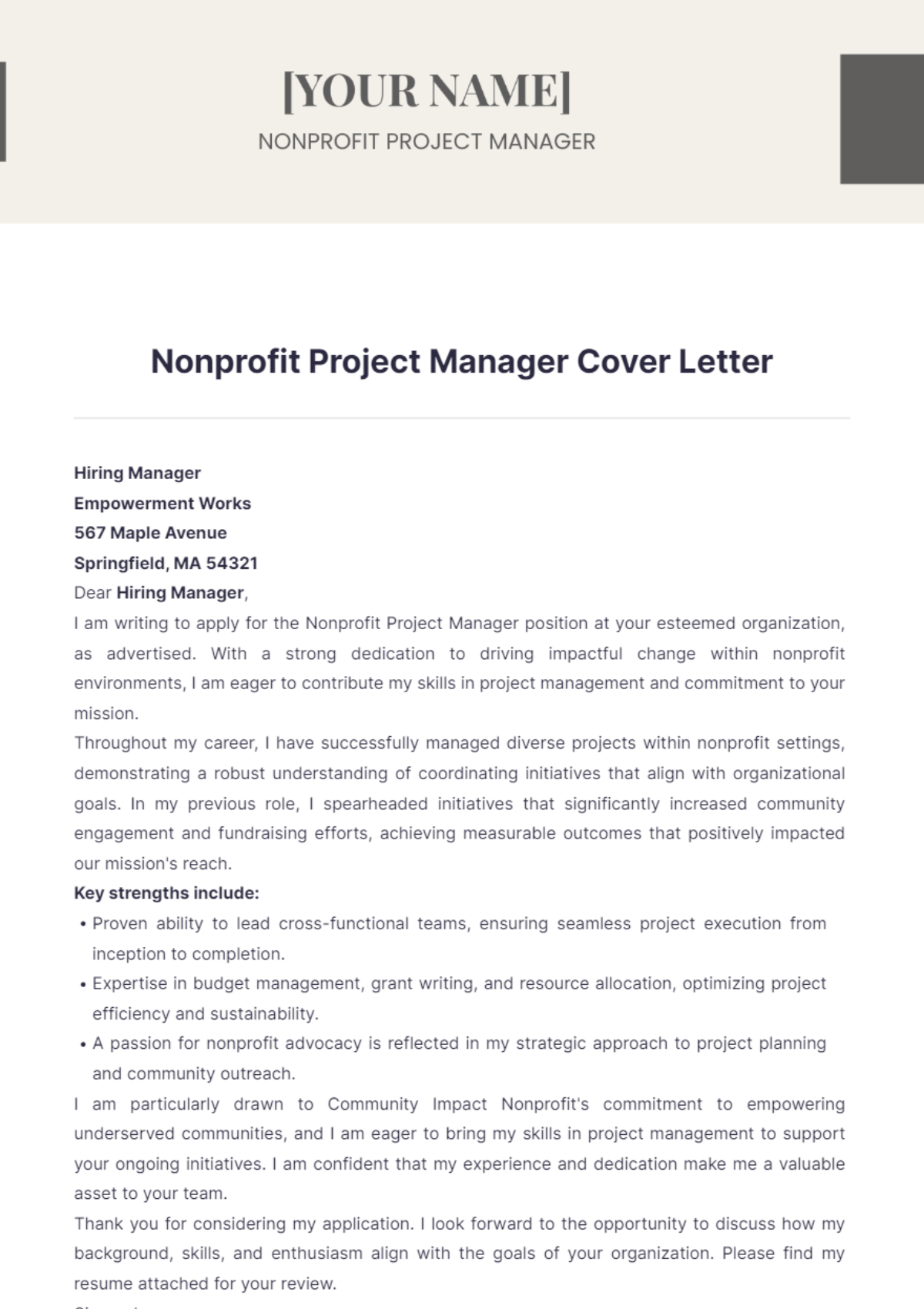 Nonprofit Project Manager Cover Letter