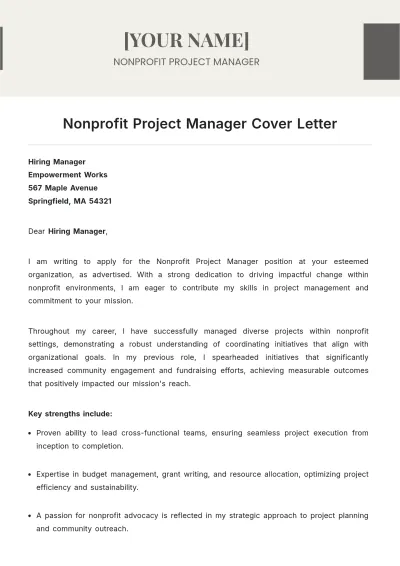 Free Nonprofit Project Manager Cover Letter to Edit Online