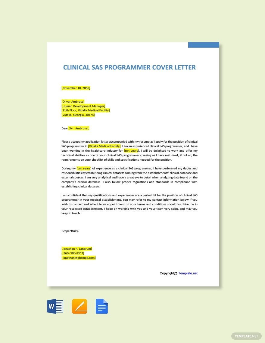 Free Clinical SAS Programmer Cover Letter Template in Word, Google Docs, PDF, Apple Pages