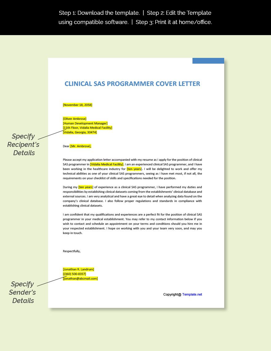 Clinical SAS Programmer Cover Letter Template
