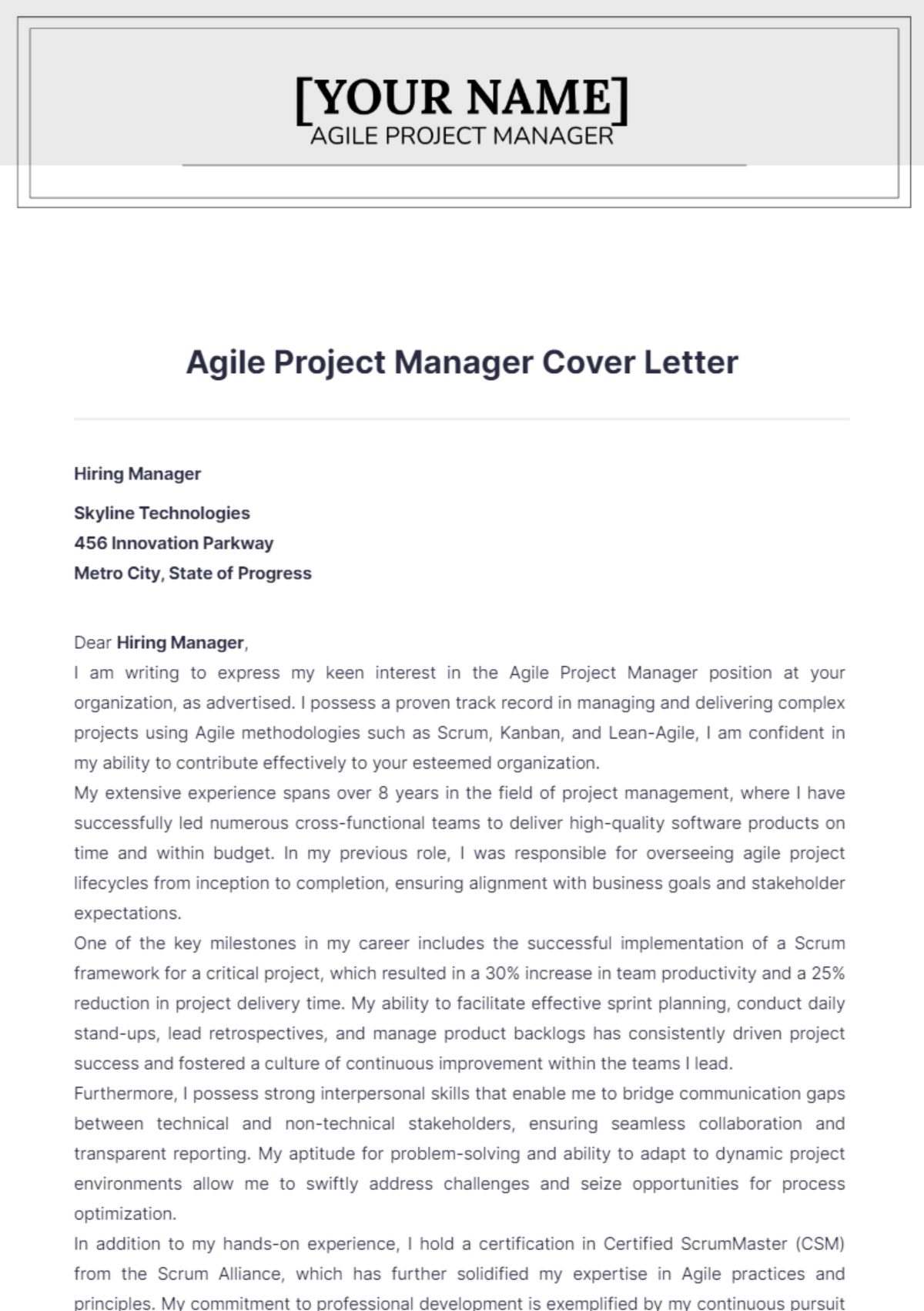 Agile Project Manager Cover Letter