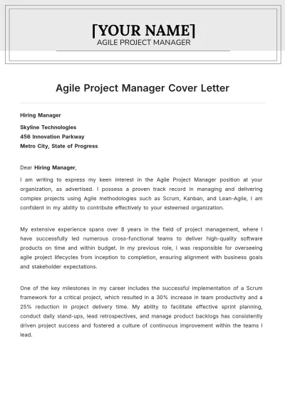 Free Agile Project Manager Cover Letter to Edit Online