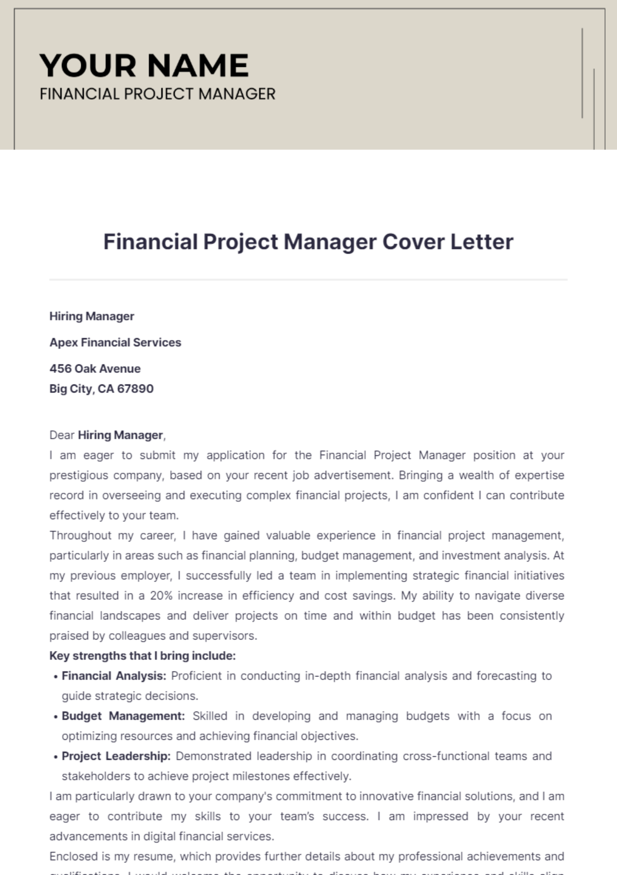 Financial Project Manager Cover Letter - Edit Online & Download