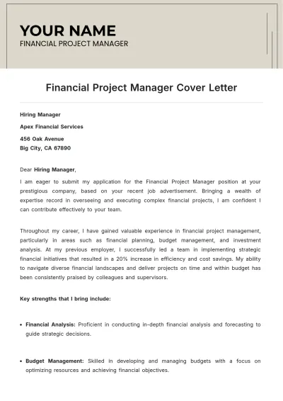 Free Financial Project Manager Cover Letter to Edit Online