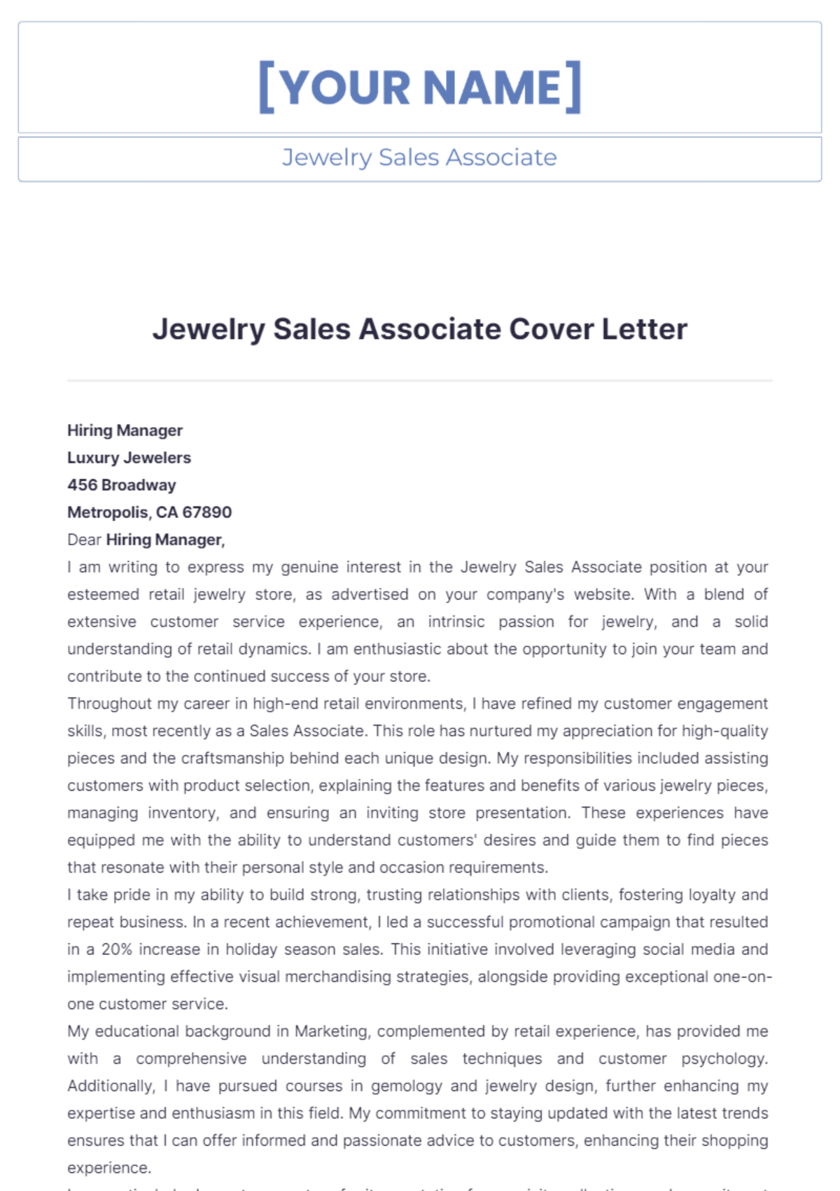 Jewelry Sales Associate Cover Letter