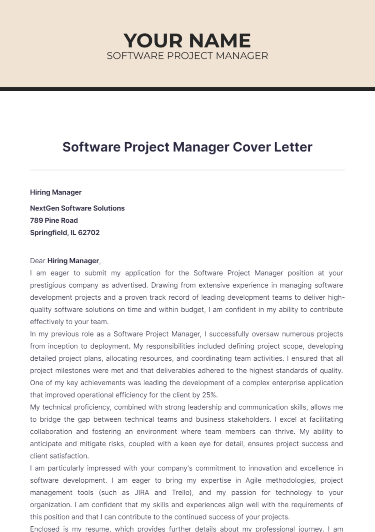 Software Project Manager Cover Letter