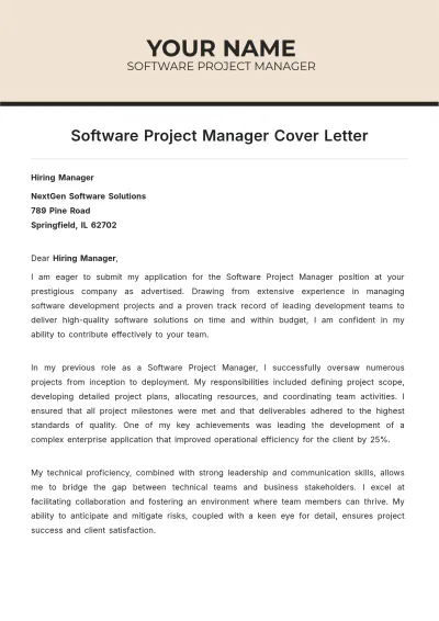 Free Software Project Manager Cover Letter to Edit Online