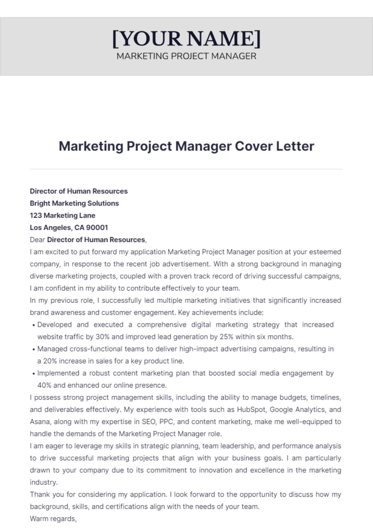 Marketing Project Manager Cover Letter - Edit Online & Download