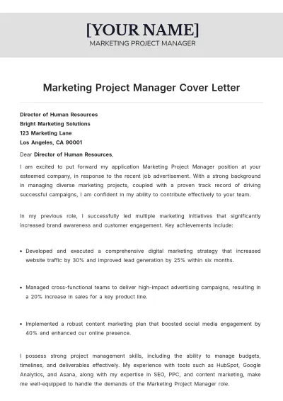Free Marketing Project Manager Cover Letter to Edit Online