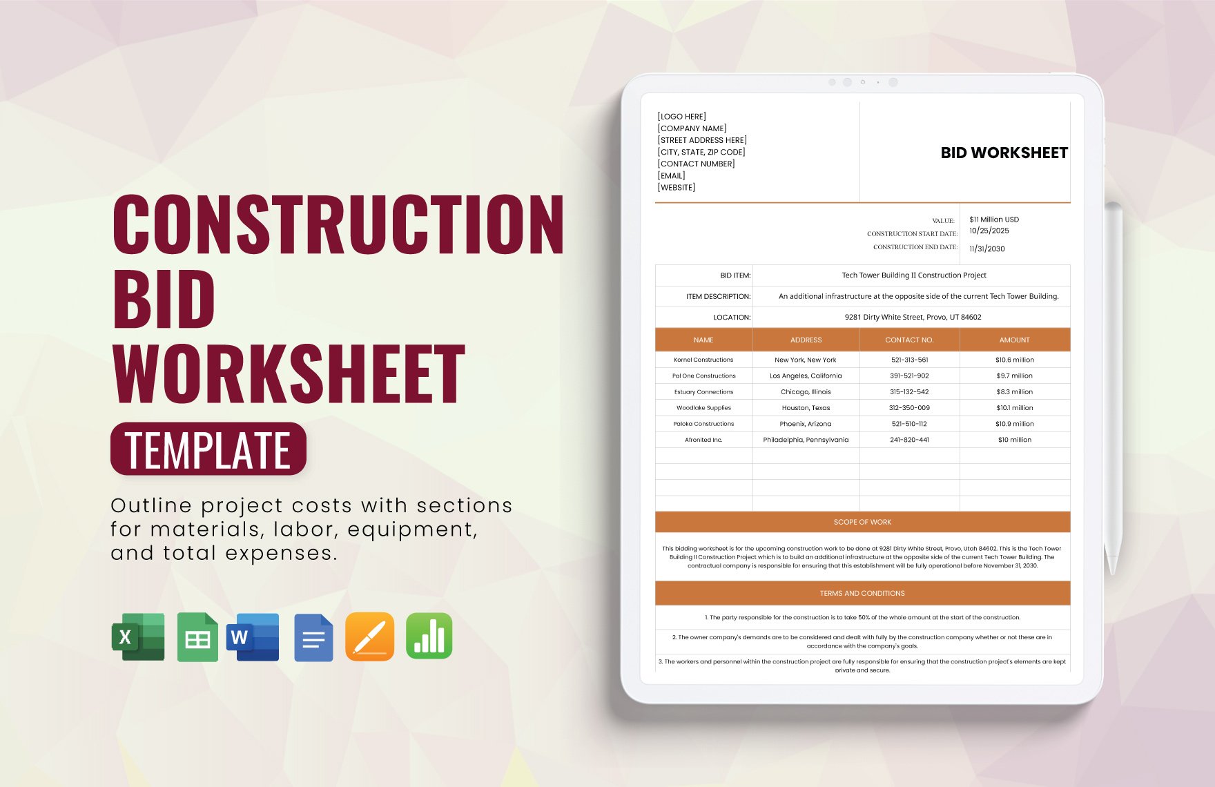 Construction Bid Worksheet Template in Word, Google Docs, Excel, Google Sheets, Apple Pages, Apple Numbers