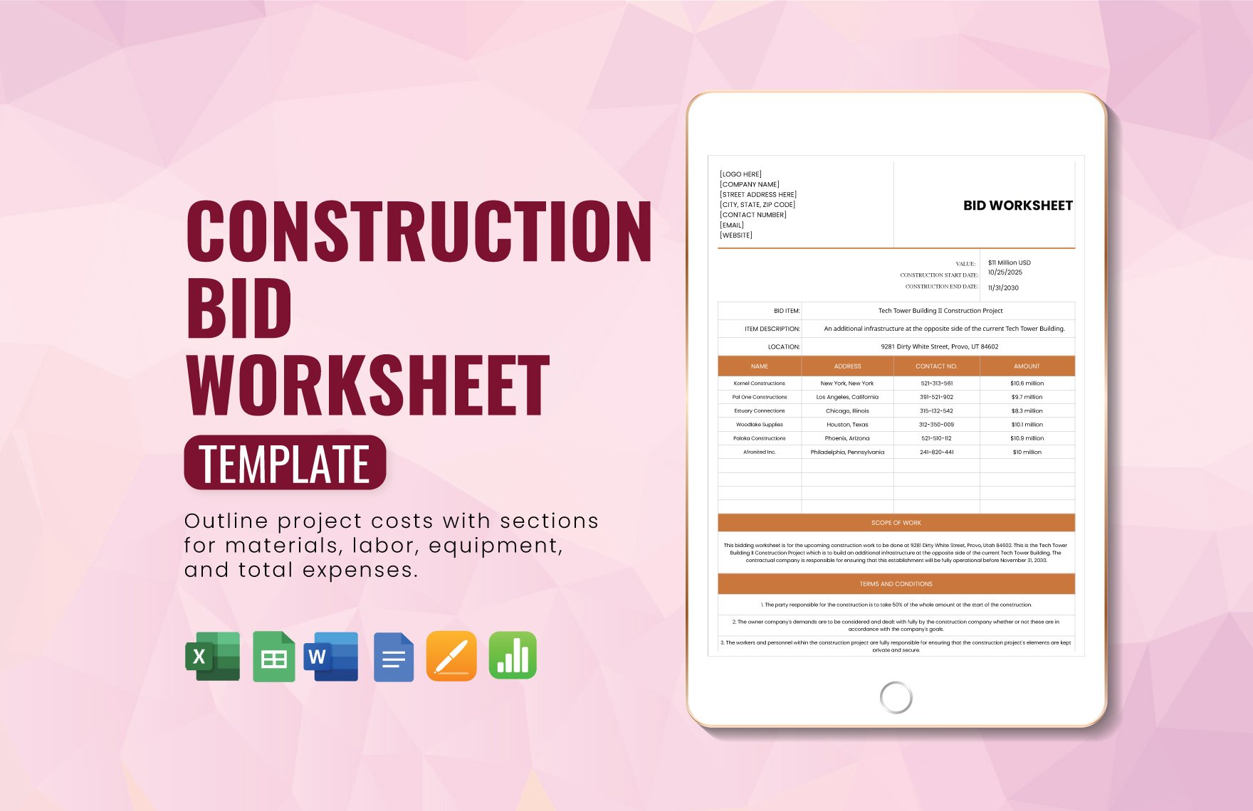 Construction Bid Worksheet Template in Apple Numbers, Excel, Word, Apple Pages, Google Docs, Google Sheets - Download | Template.net