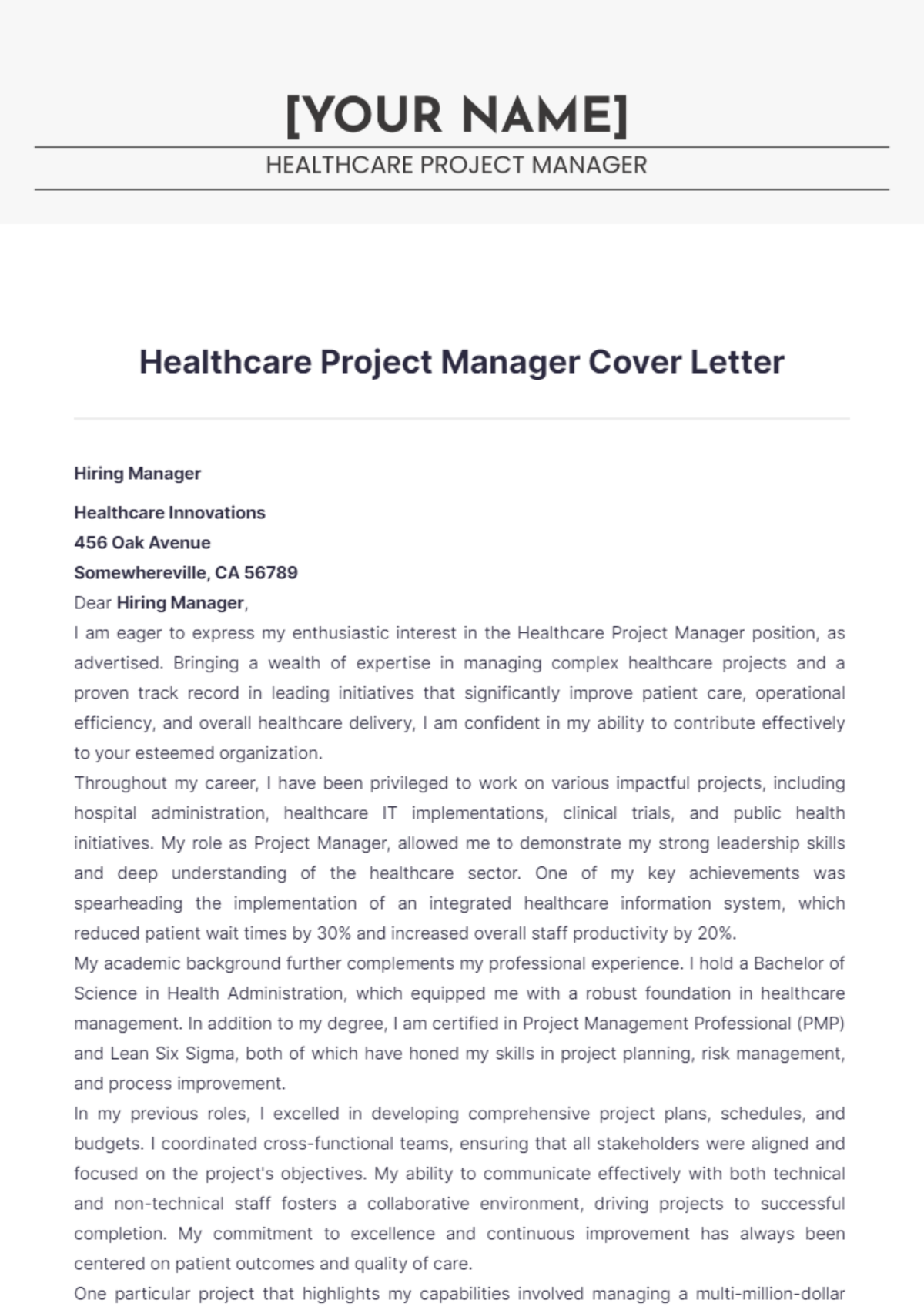 Healthcare Project Manager Cover Letter