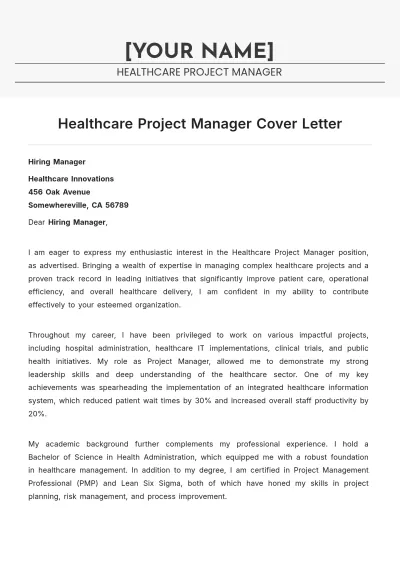 Free Healthcare Project Manager Cover Letter to Edit Online
