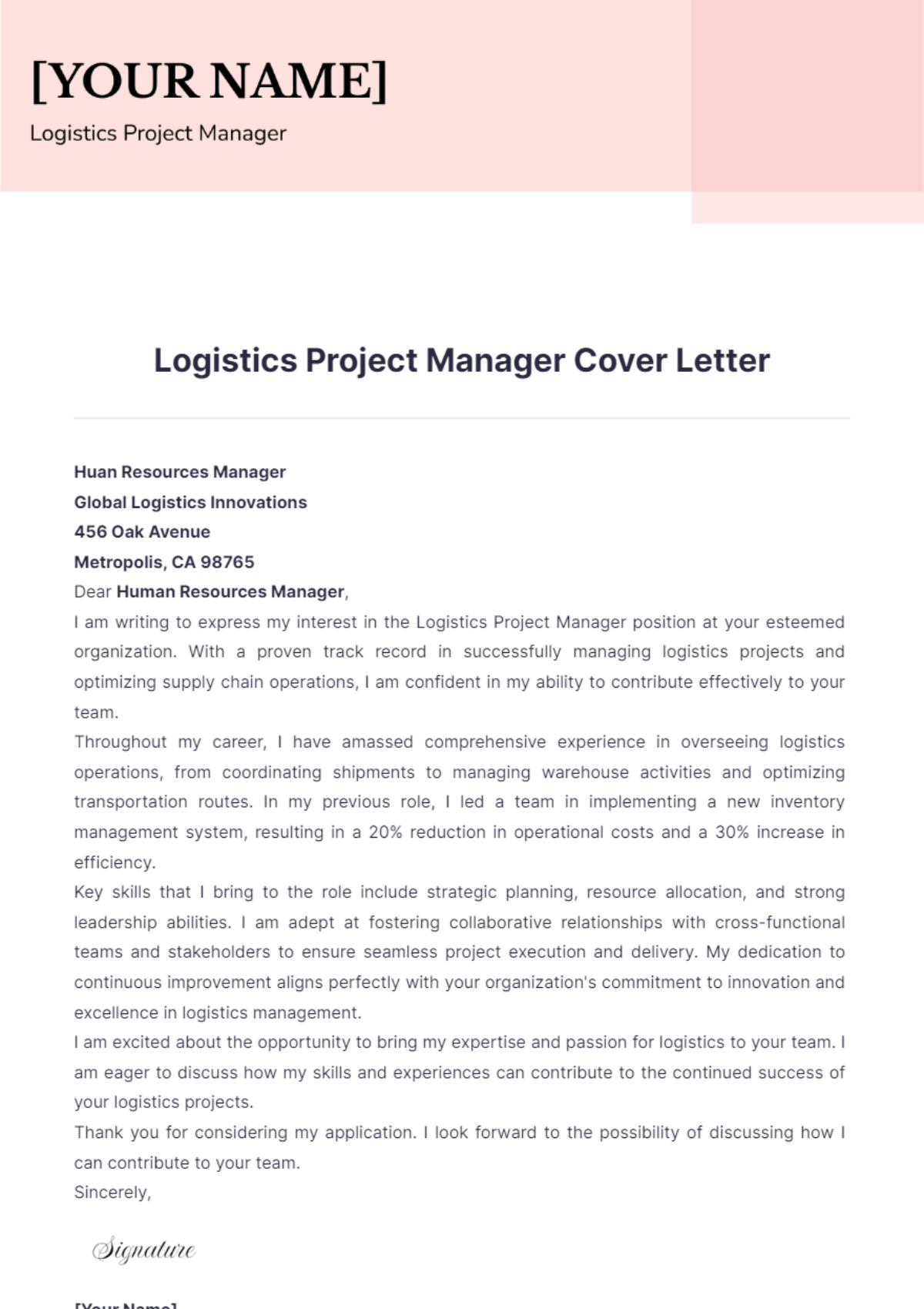 Logistics Project Manager Cover Letter