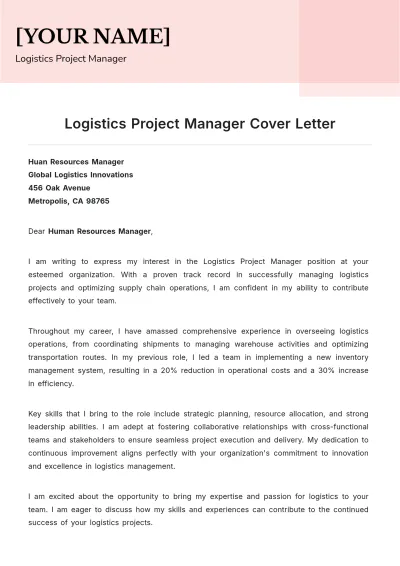 Free Logistics Project Manager Cover Letter to Edit Online