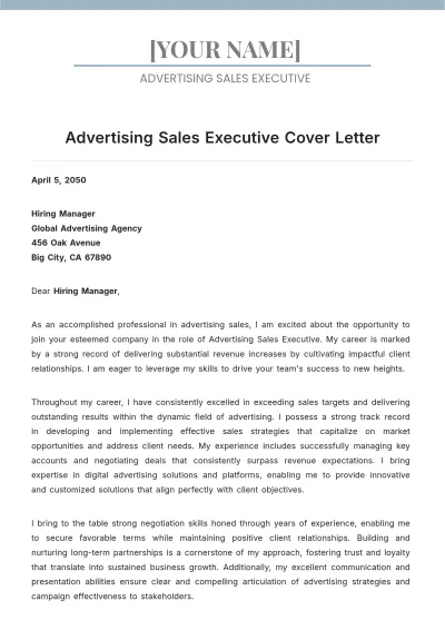 Free Advertising Sales Executive Cover Letter to Edit Online