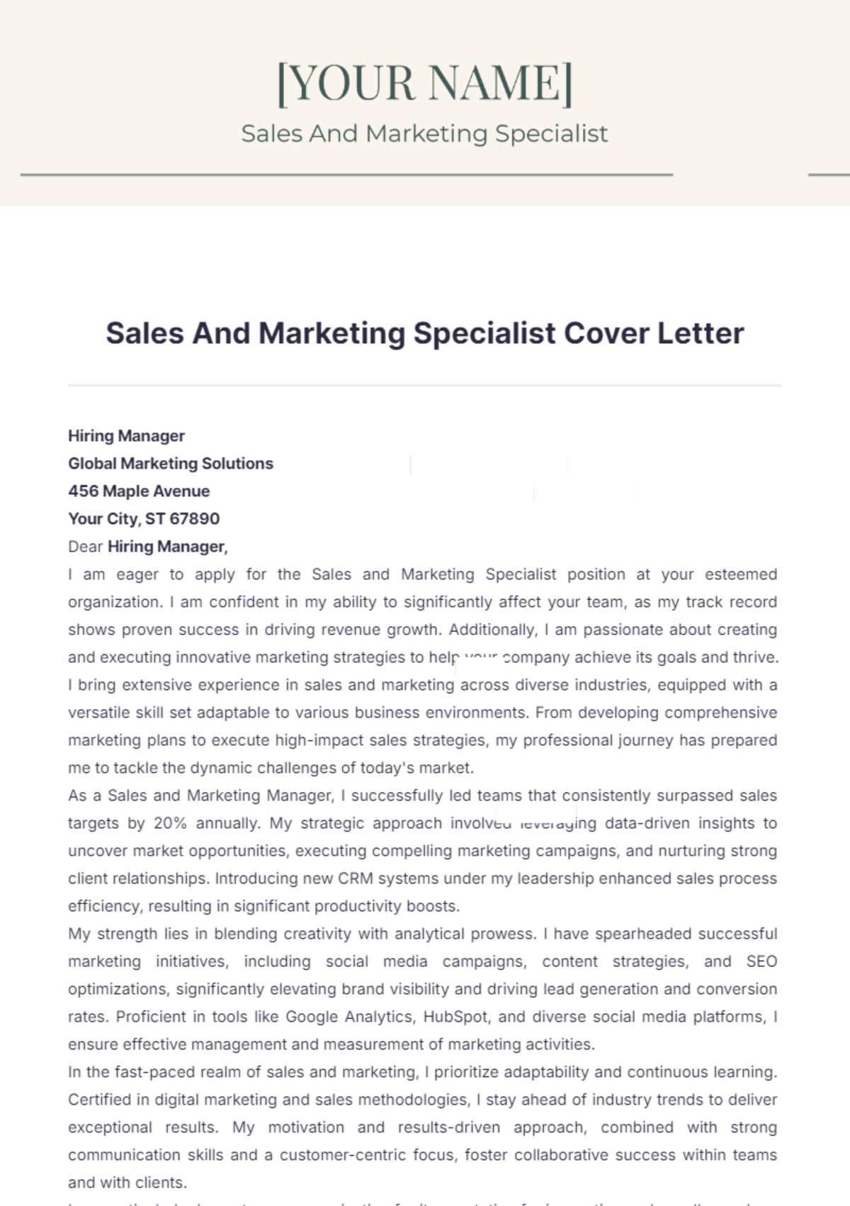 Sales And Marketing Specialist Cover Letter - Edit Online & Download