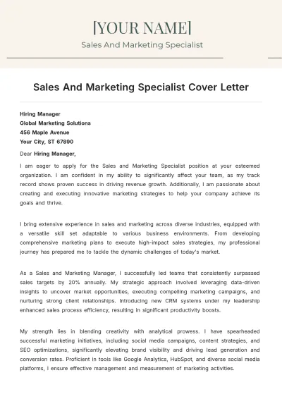 Free Sales And Marketing Specialist Cover Letter to Edit Online