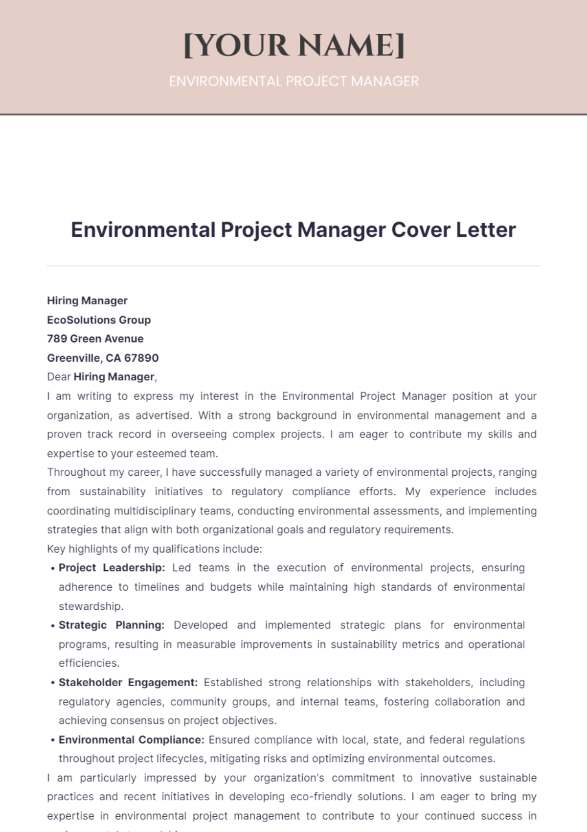 Environmental Project Manager Cover Letter - Edit Online & Download