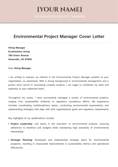 Free Environmental Project Manager Cover Letter to Edit Online