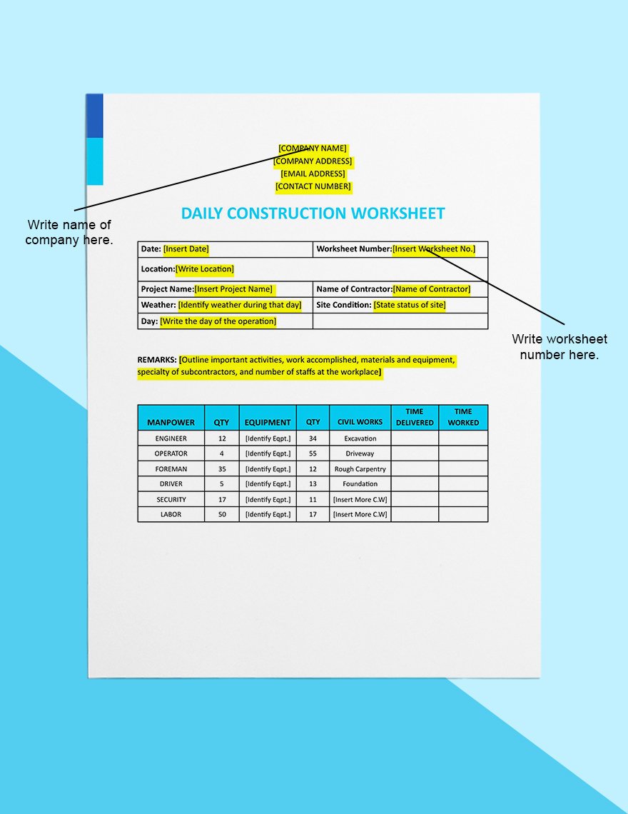 Daily Construction Worksheet Template