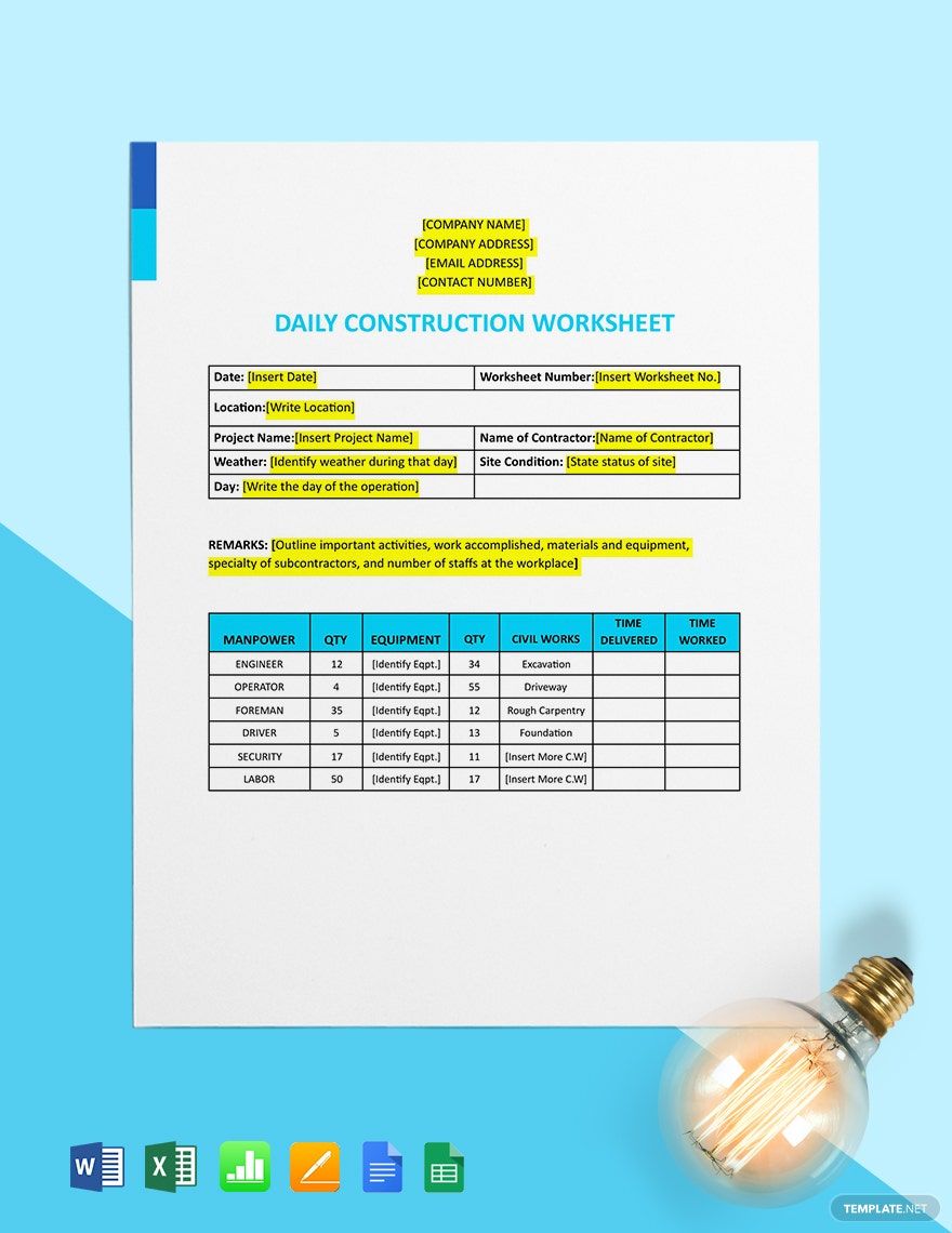 Daily Construction Worksheet Template