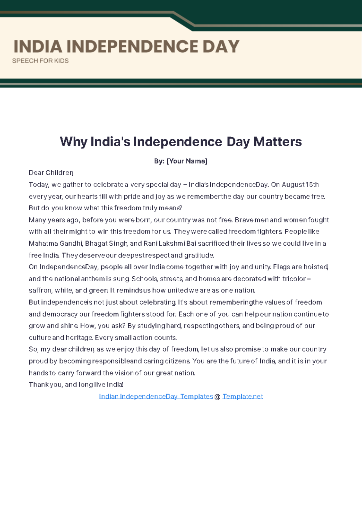 India Independence Day Speech for Kids Template - Edit Online & Download